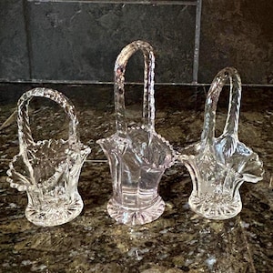 Vintage Pressed Glass Mini Bridal Baskets, Uranium Glow and Amethyst Tint, Wedding Display