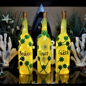 Decorative Christian Gifts, LED lights, yellow glittered wine bottles, Decorative Christian bottles, Believe, Trust, Faith, Free Shipping!