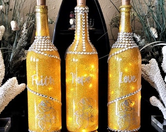 Religious gifts, Gold decorated glass glittered wine bottles, Set of 3 bottles with LED lights, Faith, Hope, Love, Free Shipping!