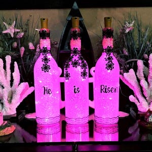 Christian gift, Pink glittered wine bottles, LED battery operated lights, Christian decorative wine bottles, He is Risen, Free Shipping!