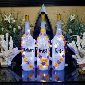 Glitter Wine Bottles, Christian accented bottles, Inspirational decorated wine bottles, LED lights, Believe, Trust, Faith, Free Shipping!