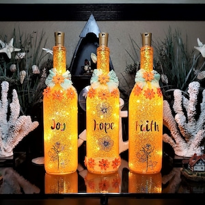 Inspirational Christian Gifts, Orange glitter wine bottles with LED lights, with inspirational words, Joy, Hope, Faith, Free Shipping!