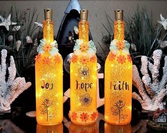 Inspirational Christian Gifts, Orange glitter wine bottles with LED lights, with inspirational words, Joy, Hope, Faith, Free Shipping!