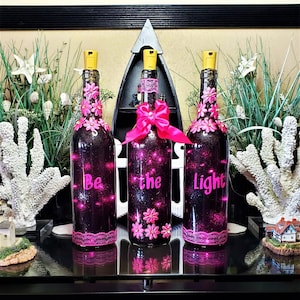 Decorated Glitter Wine Bottles, LED battery lights, Inspirational lighted wine bottles, black glitter bottles, Be the Light, Free Shipping!