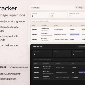 May include: A digital interface for a "Job Tracker" application, with light and dark mode options. The interface displays job details, including customer, device, type, status, and date. The interface also includes the text "Track & manage repair jobs".