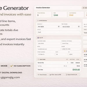 Op de afbeelding: Schermafbeelding van een factuurgeneratorinterface. De interface toont factuurgegevens, inclusief totalen, datums en regelitems. Functies zijn onder meer het toevoegen van items, het berekenen van totalen en het exporteren van facturen. De tekst "Invoice Generator" staat bovenaan.