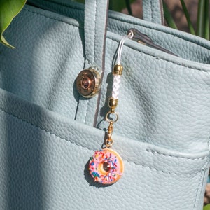 Sprinkle Donut Keychain, Sprinkle Donut Bag Charm, Cute Miniature Food Charm, Strawberry Frosted Donut Charm