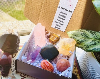 LEO CRYSTAL BOX!!! Leo Birthday Gift, Leo Custom Assortment Crystal Box, Leo Crystals, Hematite, Sunstone, Amethyst, Gemstones, Crystals