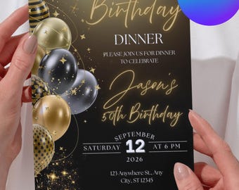 Dinner Birthday Invitation, Elegant Black and Gold Birthday (Editable Canva Template)