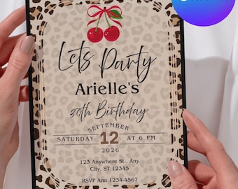 Cheetah Cherry Birthday Invitation, Girls Night Out, Canva Template (Digital File)