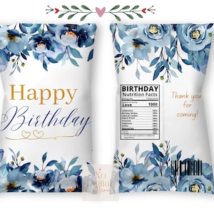 Happy Birthday Chip Bag - Blue Floral Chip Bag - Goodie Bag Favors - Digital File