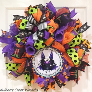 Halloween Wreath for Front Door Whimsical Halloween Outdoor Decoration Colorful Halloween Gift for Her Halloween Door Decor Black Bat