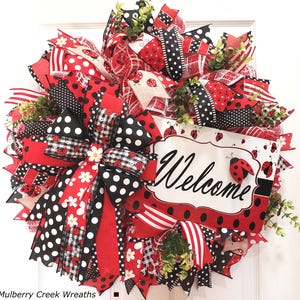 Ladybug Wreath for a Front Door, Ladybug Welcome Wreath, Spring Summer Wreath, Ladybug Deco, Ladybug Lady Bug Door Hanger, Housewarming Gift