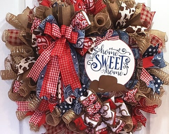 Cowboy Wreath, Rodeo Wreath, Cowboy Wreath for the Front Door, Cowboy Hat Wreath, Cowboy Deco Mesh Wreath, Home Sweet Home Wreath
