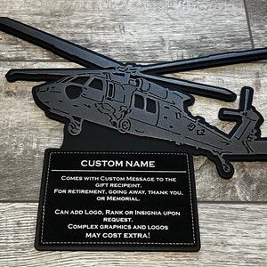 Army UH-60 Blackhawk Plaque with custom leather patch for going away, retirement, award