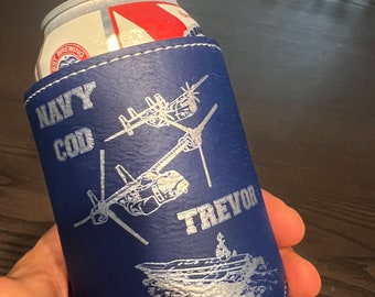 Navy COD CMV-22 & C-2 with Aircraft Carrier Personalized Leather Can Cooler / Insulator
