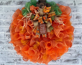 Pumpkin Wreath, Fall Wreath, Halloween Wreath, Thanksgiving Wreath, Autumn Wreath, Orange Wreath, Fall Wreath for Front Door