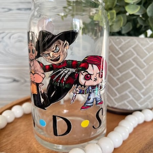 Halloween Friends cup, Halloween character, halloween gift, 16 oz Ice Coffee glass cup, Beer Glass Can