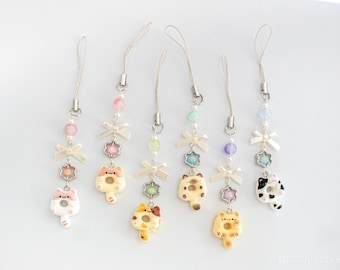 Handmade Donut Kitty Phone Strap | Pastel Bow Phone Accessory | Gift for Cat Lovers
