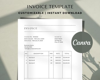 May include: A black and white invoice template with the text "INVOICE TEMPLATE" and "CUSTOMIZABLE | INSTANT DOWNLOAD" at the top. The invoice includes fields for invoice number, date issued, date due, issued to, business name, description, hours, rate, and total. The invoice also includes a section for payment information with fields for bank name and account number. The text "Canva" is visible in the upper right corner of the invoice.