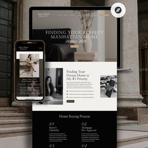 May include: A website for a real estate agency called "Jane Smith Realty" with the tagline "Finding your perfect Manhattan home begins here". The website features a black and white colour scheme and includes information about the agency's services, including finding a dream home and a home buying process.