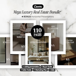 May include: A digital marketing bundle for real estate featuring 110 pages of templates. The set includes a Luxury Buyer's Guide, Seller's Guide, Listing Presentation, Marketing Plan, and Comparative Market Analysis, all branded with the KN logo.