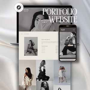 Può includere: Un laptop e uno smartphone mostrano un sito web di portfolio. Il sito presenta immagini in bianco e nero di una donna in varie pose. Il testo "PORTFOLIO WEBSITE" è visualizzato in grande. Il marchio "NOIR" è visibile su entrambi i dispositivi.