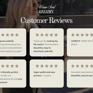 May include: Image featuring customer reviews with star ratings and text. The reviews praise the website's professionalism, ease of use, and convenience. The text includes phrases like "Gorgeous website" and "easy to edit."