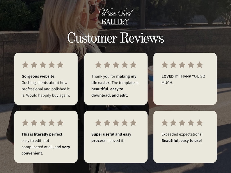 May include: Image featuring customer reviews with star ratings and text. The reviews praise the website's professionalism, ease of use, and convenience. The text includes phrases like "Gorgeous website" and "easy to edit."
