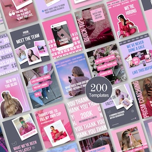 May include: A collection of 200 social media templates in pink, gray, and white. The templates feature text and images related to coaching, business tips, and marketing. Some templates include the text "Quick Tips" and "We're Hiring".