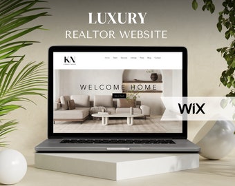 Op de afbeelding: Een laptopcomputer die een website voor een vastgoedbedrijf genaamd "KN Realty" weergeeft. De website heeft een modern ontwerp met een minimalistische esthetiek. De tekst "Welcome Home" wordt prominent op de homepage weergegeven. De website is gebouwd op het Wix-platform.