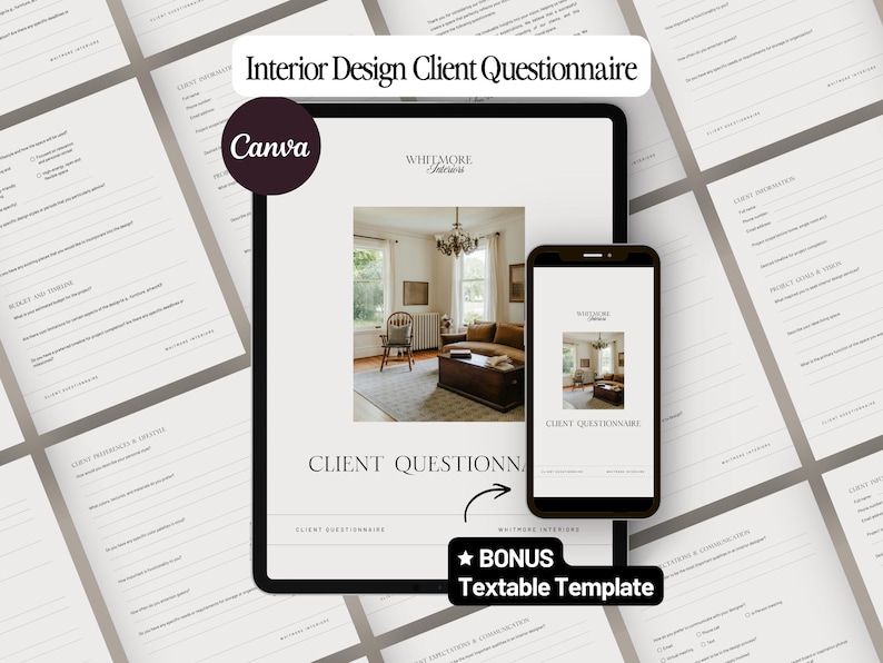 Pode incluir: Um modelo digital de question&aacute;rio para clientes de design de interiores exibido em um tablet e smartphone. O tablet mostra o question&aacute;rio completo, enquanto o telefone exibe uma vers&atilde;o menor. O texto diz "Interior Design Client Questionnaire" e "Canva".