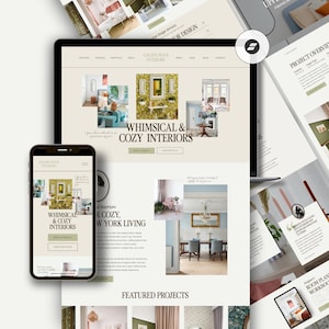 Peut inclure: Un smartphone et une tablette affichent un site web avec le texte "Whimsical & Cozy Interiors". Le site web présente des images de projets de design d'intérieur. Des imprimés supplémentaires avec des détails de projets et des cahiers de planification de pièces sont également visibles.