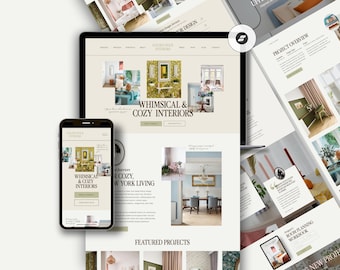 May include: A smartphone and tablet display a website with the text "Whimsical & Cozy Interiors." The website features interior design project images. Additional printouts with project details and room planning workbooks are also visible.