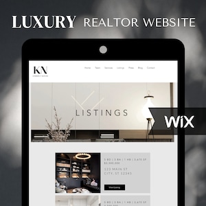 Op de afbeelding: Een screenshot van een luxe makelaarswebsite met de tekst "KN" en "LISTINGS" op de pagina. De website is ontworpen met een moderne, minimalistische esthetiek. De website toont een advertentie voor een woning met 3 slaapkamers, 4 badkamers en 3.670 vierkante voet woonoppervlak. De woning is gelegen aan 123 Main Street in City, ST 12345. De vraagprijs is $ 3.500.000.