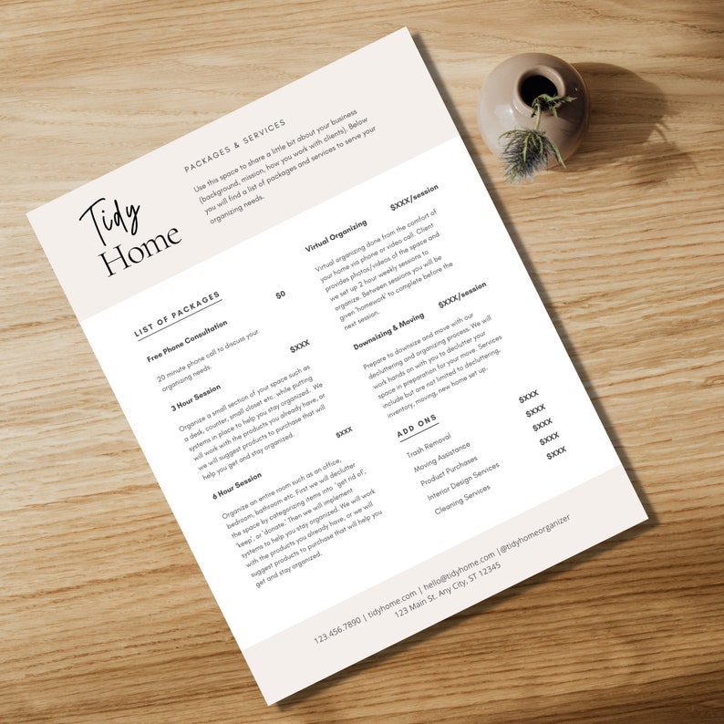 Professional Home Organizer Flyer Cleaning Business Template Price List Template Professional Organizer Business form Packages and Services
