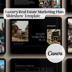 May include: A black and white slideshow template for a luxury real estate marketing plan. The template features images of a modern home, a city skyline, and a library. The text "Luxury Real Estate Marketing Plan Slideshow Template" is displayed in white text on a black background. The text "Canva" is displayed in white text on a black background.