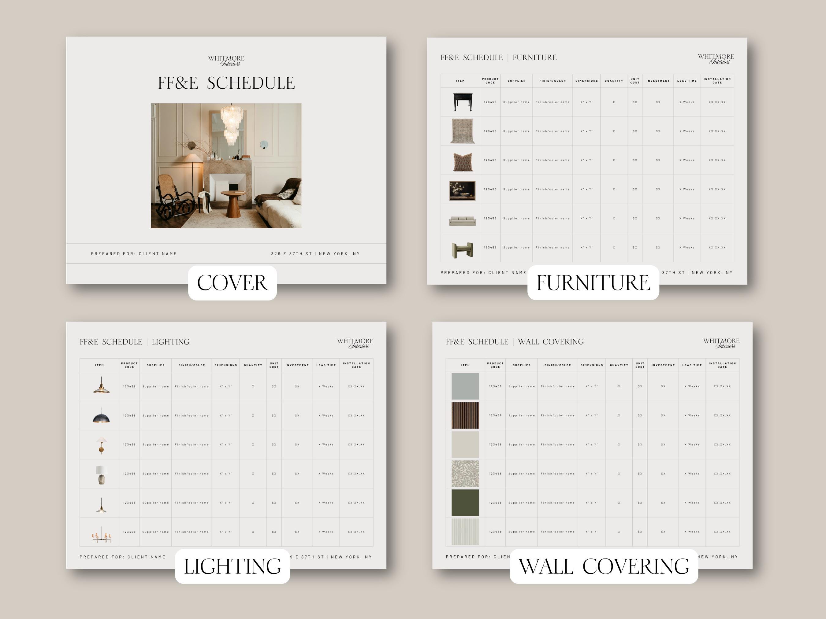 Design Ffe Schedule FF&E Schedule Template Interior Design Project Timeline Canva Excel ...