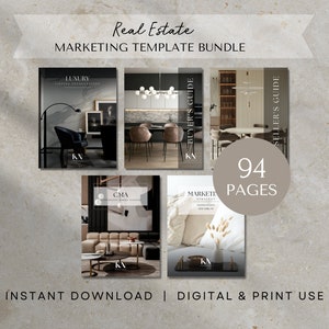 May include: A set of five real estate marketing templates with interior design imagery. The templates include a luxury listing presentation, a buyer's guide, a seller's guide, a CMA, and a marketing strategy guide. The templates are designed in a modern style with a neutral color palette and feature a total of 94 pages.