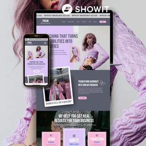 以下が含まれることがあります： ビジネスコーチングサービス「Prism」のウェブサイトを表示したラップトップと携帯電話。ウェブサイトは、紫とグレーのカラーパレットを採用し、「可能性を現実にするコーチング」と「燃え尽きをブレークスルーに変える」というテキストが表示されています。