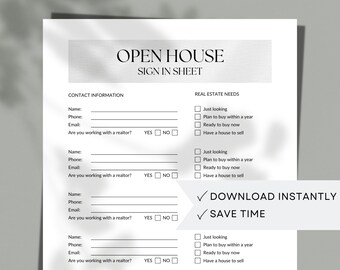 Könnte beinhalten: Ein druckbares Open-House-Anmeldeformular mit Kontaktinformationen und Kontrollkästchen für Immobilienbedürfnisse. Der Text "SOFORT HERUNTERLADEN" und "ZEIT SPAREN" befindet sich am unteren Rand des Formulars.