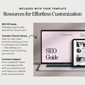 May include: A laptop and tablet display a website template with the text "SEO Guide" on the laptop screen. The tablet shows a YouTube channel. The image includes text: "Resources for Effortless Customization."