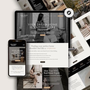 May include: A digital marketing display featuring a website design for a real estate company. The design includes a tablet and smartphone displaying the website, along with printed marketing materials. The website's theme is black and white with gold accents, showcasing property listings.