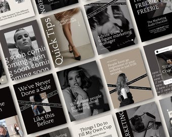 May include: A collection of social media marketing templates in black, white, and beige. Each square graphic features text and images related to business and marketing, including phrases like "Quick Tips" and "Freebie".
