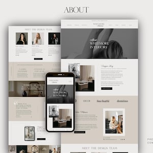 May include: A website design layout featuring the text "ABOUT" at the top. The design includes a smartphone displaying the website, along with other website pages. The website showcases interior design content, with the text "WHITMORE INTERIORS".