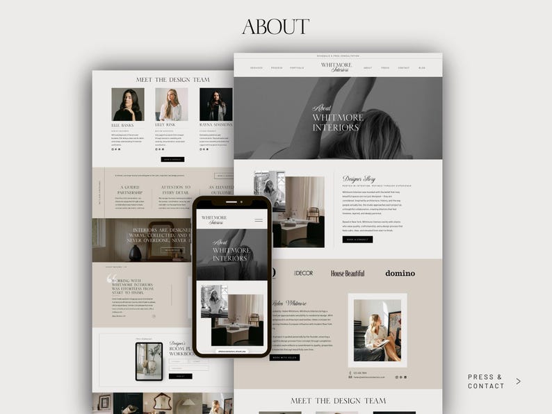 May include: A website design layout featuring the text "ABOUT" at the top. The design includes a smartphone displaying the website, along with other website pages. The website showcases interior design content, with the text "WHITMORE INTERIORS".