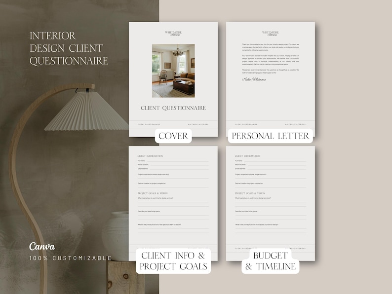 Modelo de questionário para clientes de design de interiores no Canva (editável) - Formulário de cadastro de clientes - Consulta de design de interiores - Novo cliente - Decorador de interiores imagem 4