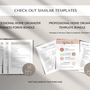 May include: A set of printable home organizer templates. The templates include a project plan, packages and services, steps to organize, and a declutter checklist. The templates are in black and white with a light brown accent color. The text "35 pages" and "5 pages" is included in the image.