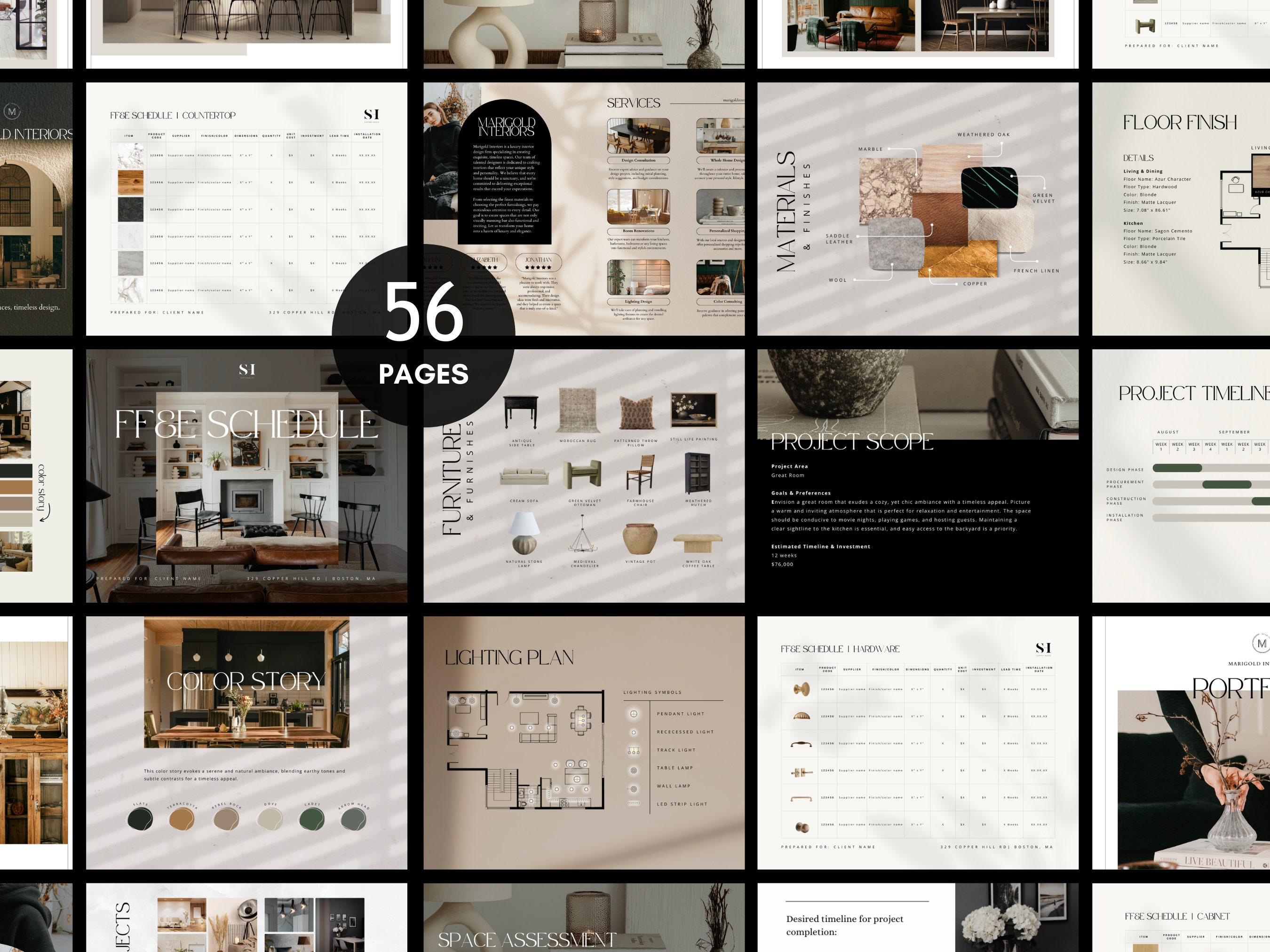 Paquete profesional de plantillas de diseño de interiores: propuesta, cronograma FF&E, portafolio, cuestionario del cliente y folleto