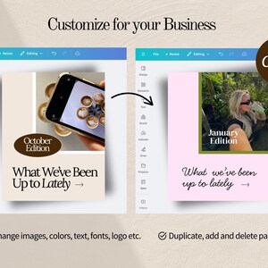 May include: A digital design template with two layouts. The left layout features a phone displaying coffee cups, with text reading "October Edition" and "What We've Been Up to Lately." The right layout shows a person with a drink, with text reading "January Edition" and "What we've been up to lately."
